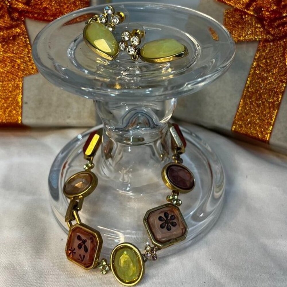 Vintage Mixed Glass Stone Bracelet & Dangle Earrings Set Gold Tone 7.5”